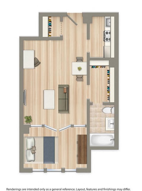 a studio apartment floor plan rendering at eddystone apartments in washington dc